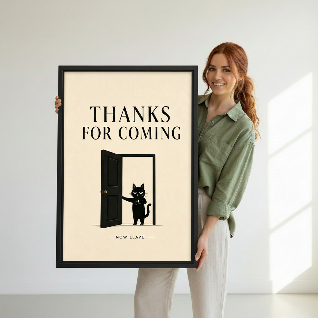 Woman holding framed funny cat thanks for coming canvas wall art showing size reference in white studio