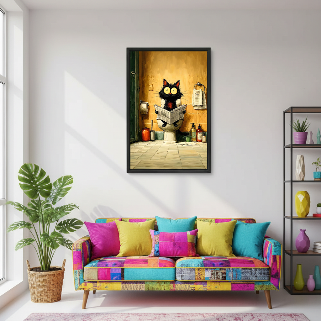 Framed funny black cat on toilet canvas wall art displayed above colorful sofa in bright living room