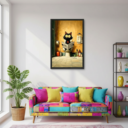 Framed funny black cat on toilet canvas wall art displayed above colorful sofa in bright living room