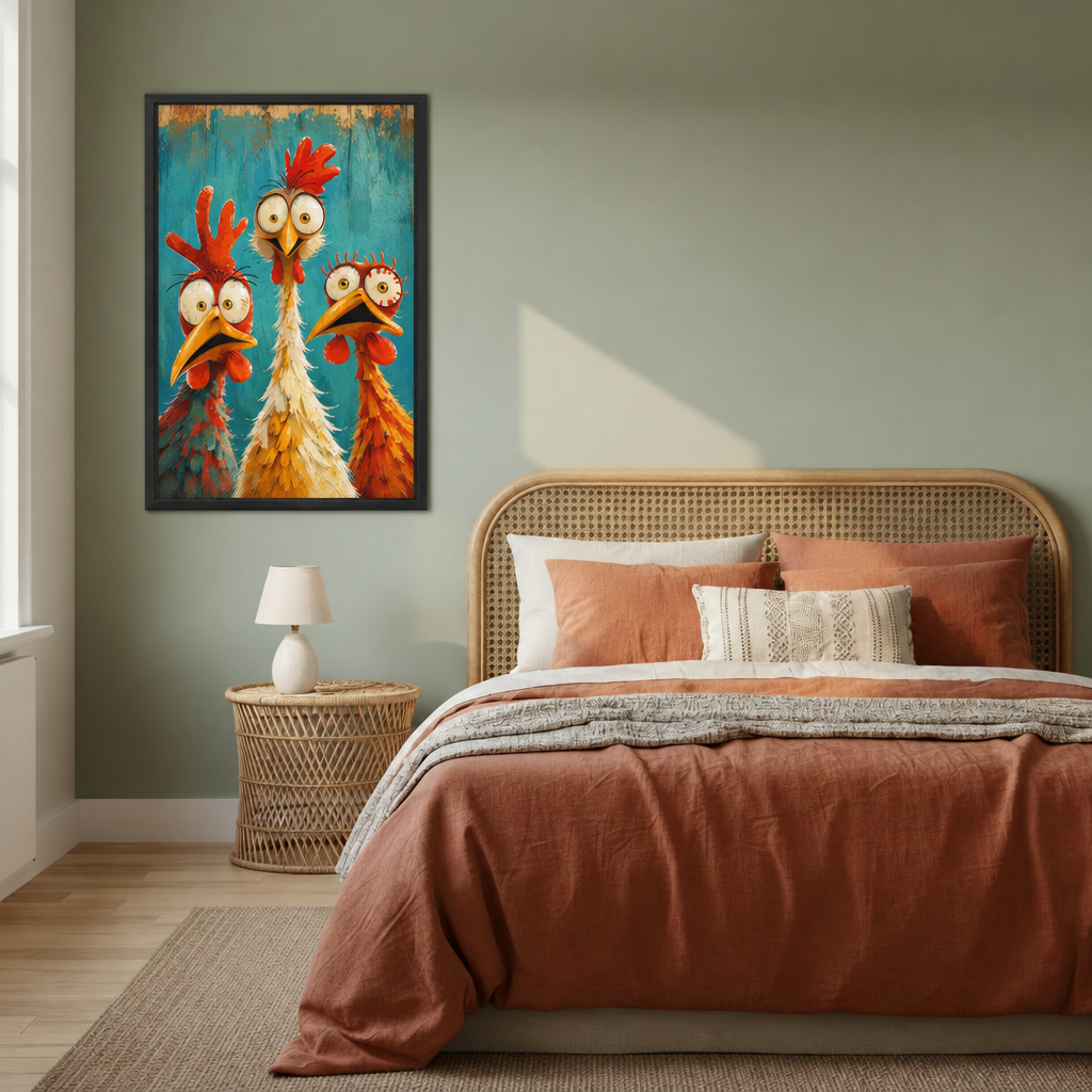 Funny chicken canvas wall art hanging above a cream linen sofa with a round wood coffee table and rug