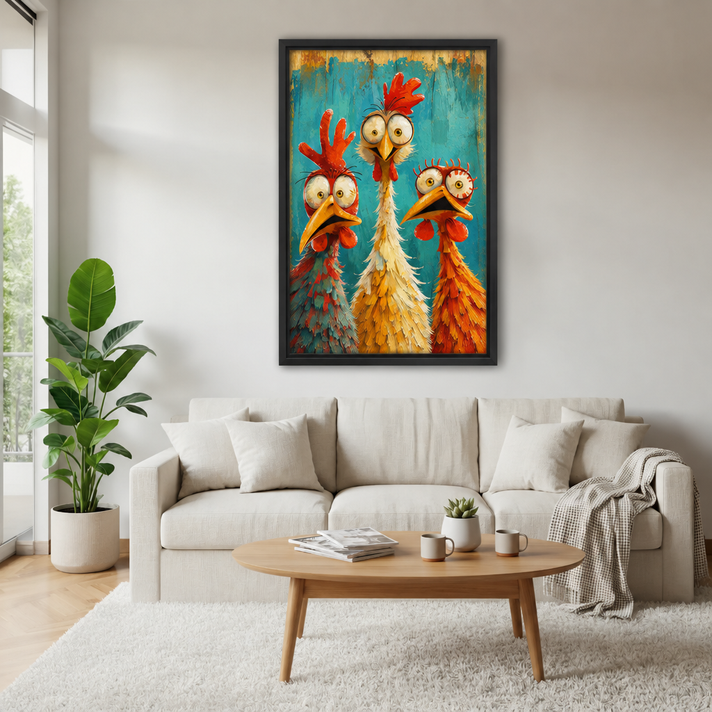Funny chicken canvas wall art on a sage green wall beside a rattan headboard bed with terracotta bedding