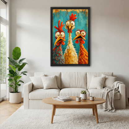 Funny chicken canvas wall art on a sage green wall beside a rattan headboard bed with terracotta bedding