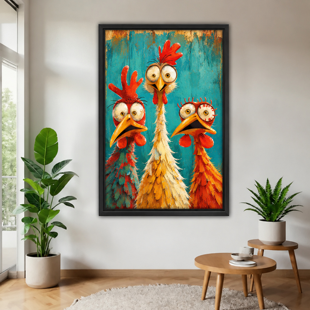 Whimsical funny chicken canvas wall art in a black frame on a white wall beside a monstera plant