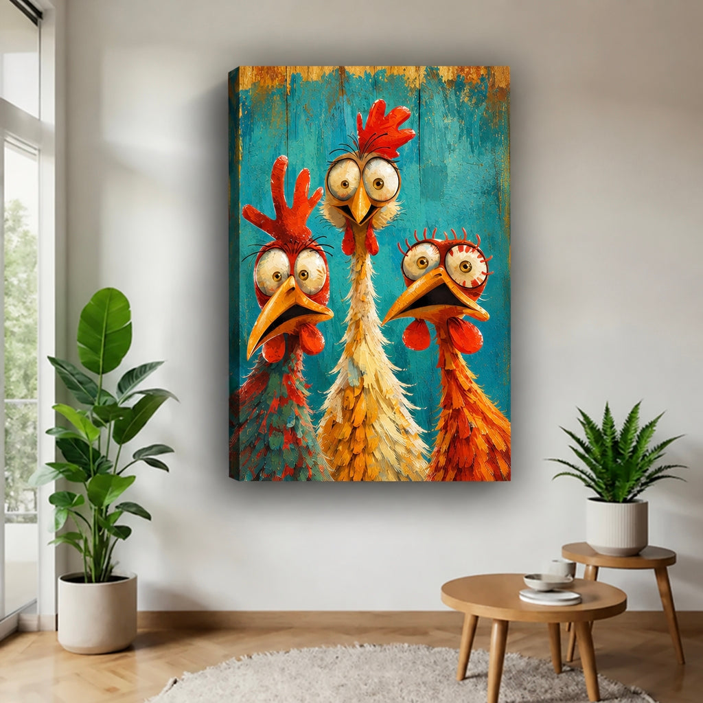 Gallery wrapped funny chicken canvas wall art with three googly eyed chickens on teal wood on a bright wall