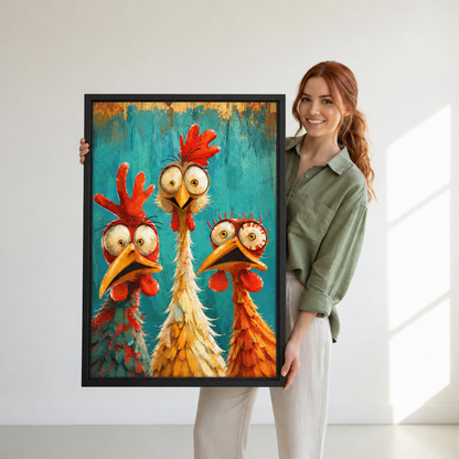 Smiling woman holding large funny chicken canvas wall art framed in black as a size reference in a bright room