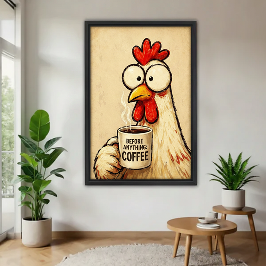Funny chicken coffee black framed canvas wall art hanging between two green plants on white wall