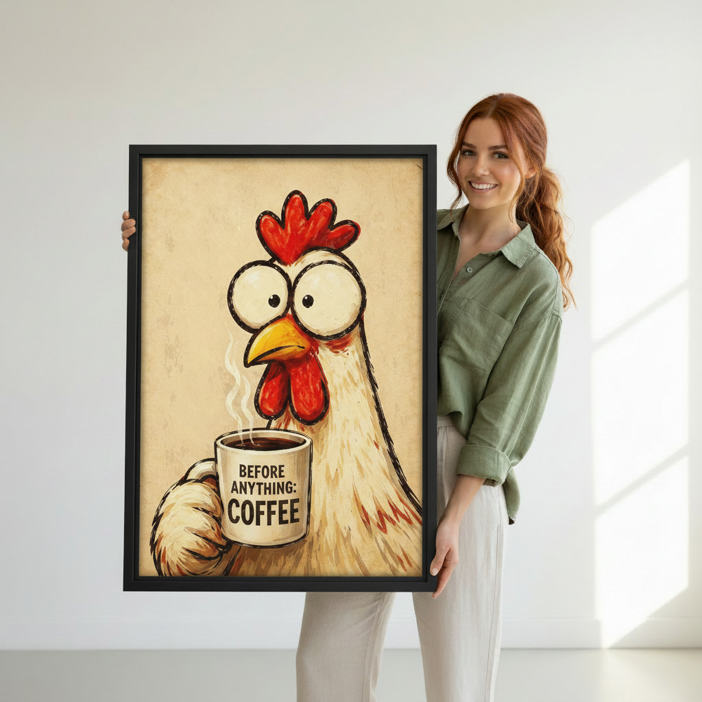 Smiling woman with red hair holding large framed funny chicken coffee wall art print