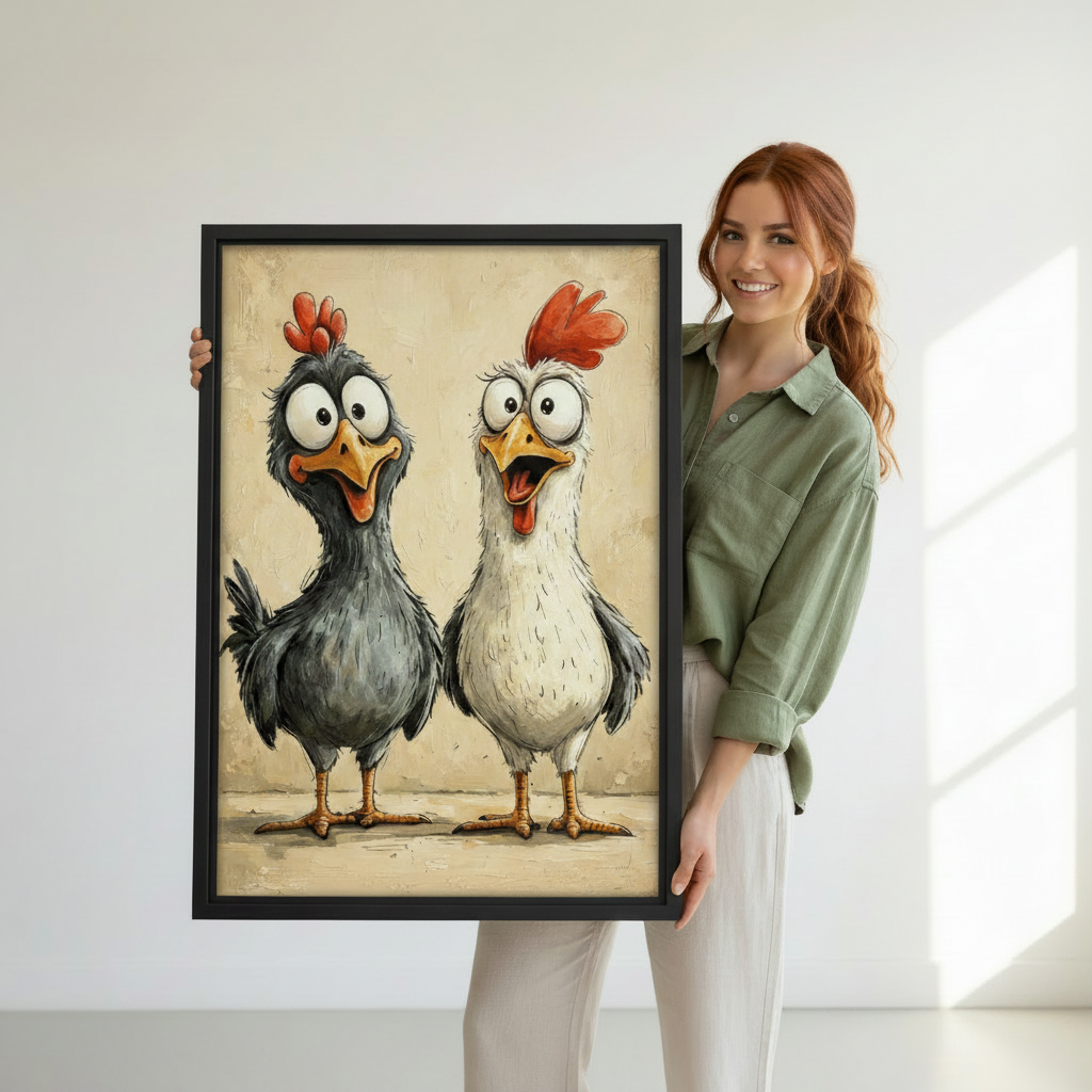 Smiling woman holding a large framed funny cartoon chicken pair folk art print showing actual size reference against a bright white studio background