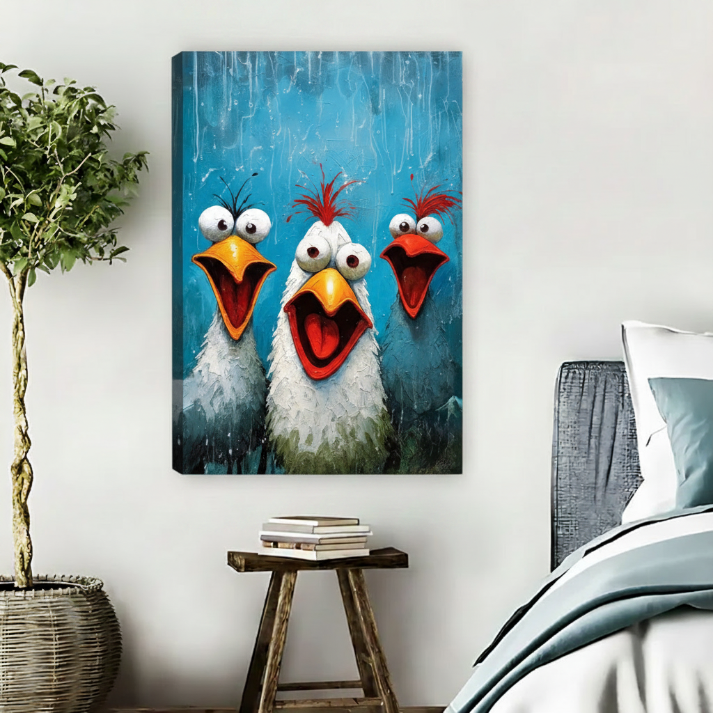 Funny chicken trio with wide-open beaks and red crests, impasto oil painting canvas wall art on teal blue background, displayed in a boho bedroom
