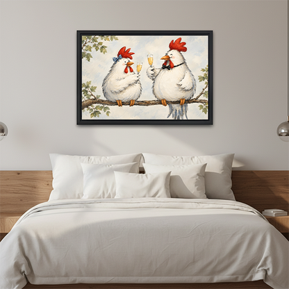 Framed watercolor rooster and hen toasting champagne canvas print displayed above a white bed as cozy bedroom wall decor