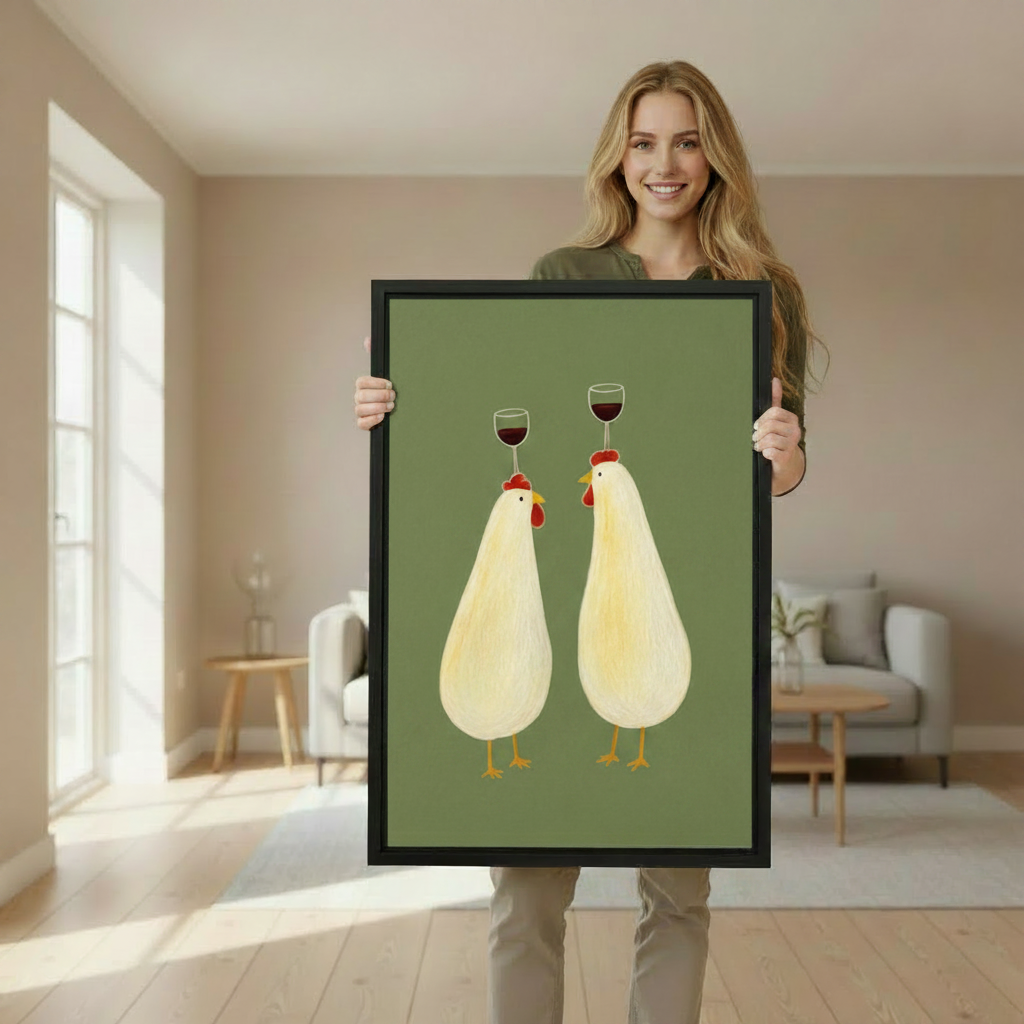 Woman holding large funny chickens wine framed canvas wall art showing size scale in a bright Scandinavian living room