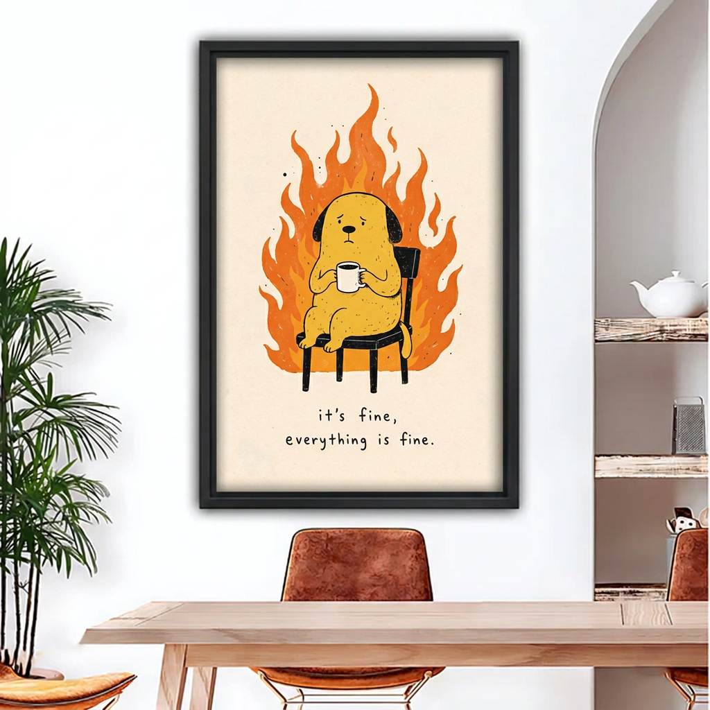Black-framed funny coffee dog canvas wall art with “it’s fine” lettering above a dining table