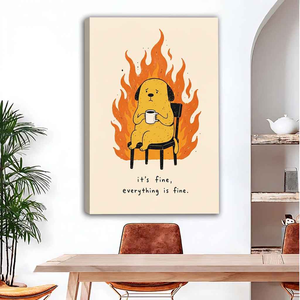 Gallery-wrap funny coffee dog canvas wall art with visible left-edge depth above a wooden dining table