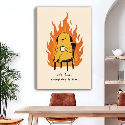 Gallery-wrap funny coffee dog canvas wall art with visible left-edge depth above a wooden dining table
