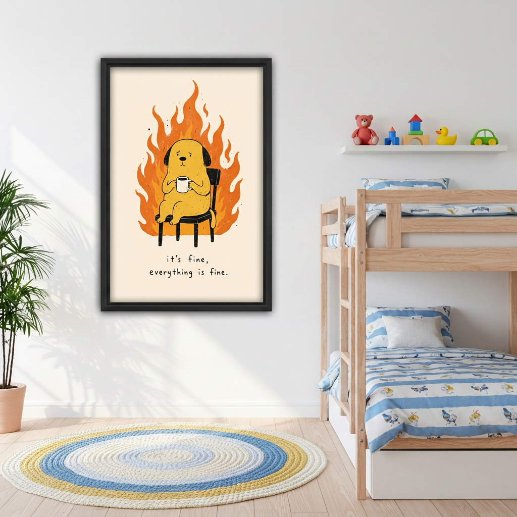 Framed funny coffee dog canvas wall art beside wooden bunk beds in a kids’room
