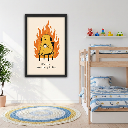 Framed funny coffee dog canvas wall art beside wooden bunk beds in a kids’room