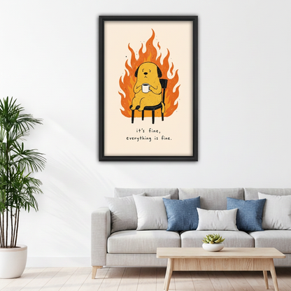 Funny coffee dog canvas wall art above a gray sofa with blue cushions