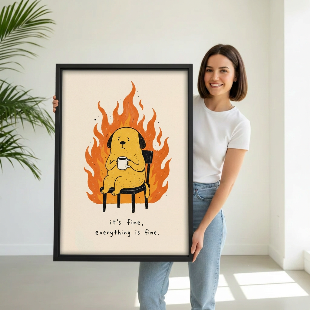 Model holding framed funny coffee dog canvas wall art for size reference