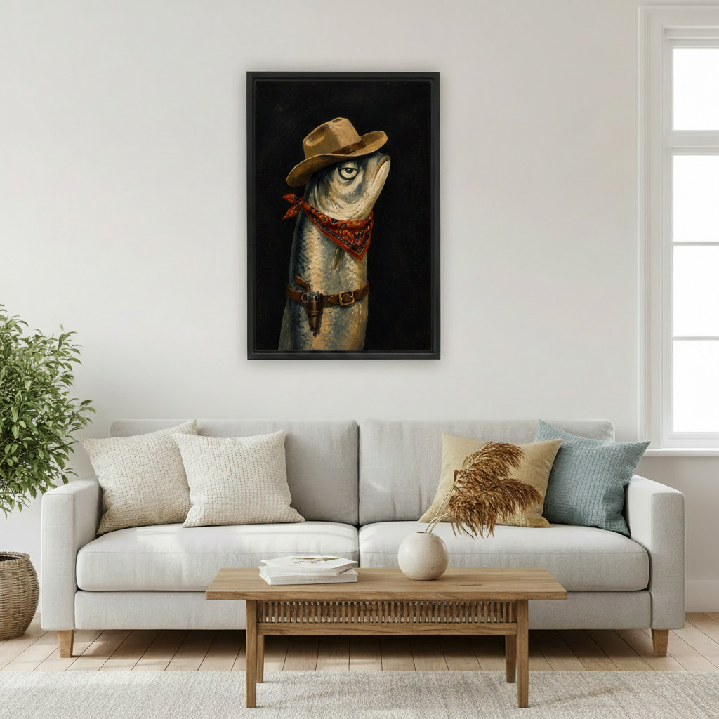 Funny cowboy fish western framed canvas wall art hanging in cozy bedroom