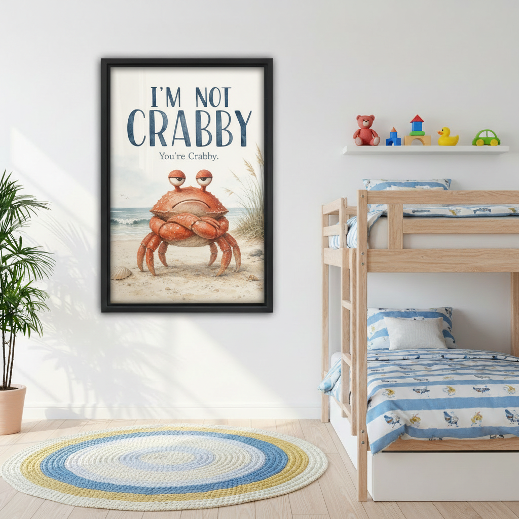 Funny crabby crab canvas wall art in black frame on kids room wall beside wooden bunk bed with colorful rug