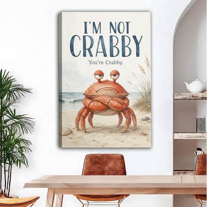 Funny crabby crab gallery-wrap canvas wall art without frame displayed above dining table in coastal dining room