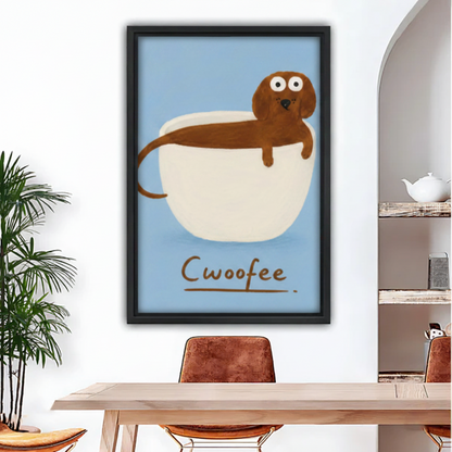 Whimsical Cwoofee dachshund framed canvas print hanging on white wall above wooden dining table