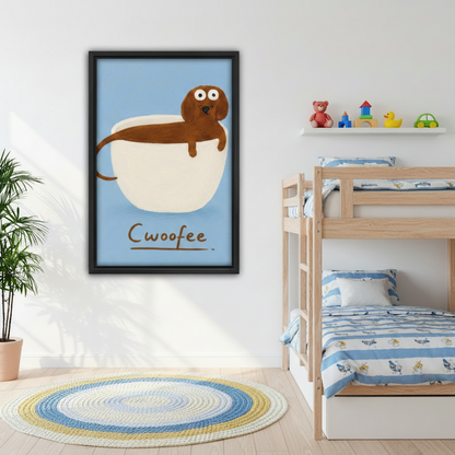 Funny Cwoofee dachshund canvas wall art in black frame on kids room wall beside bunk bed with colorful rug