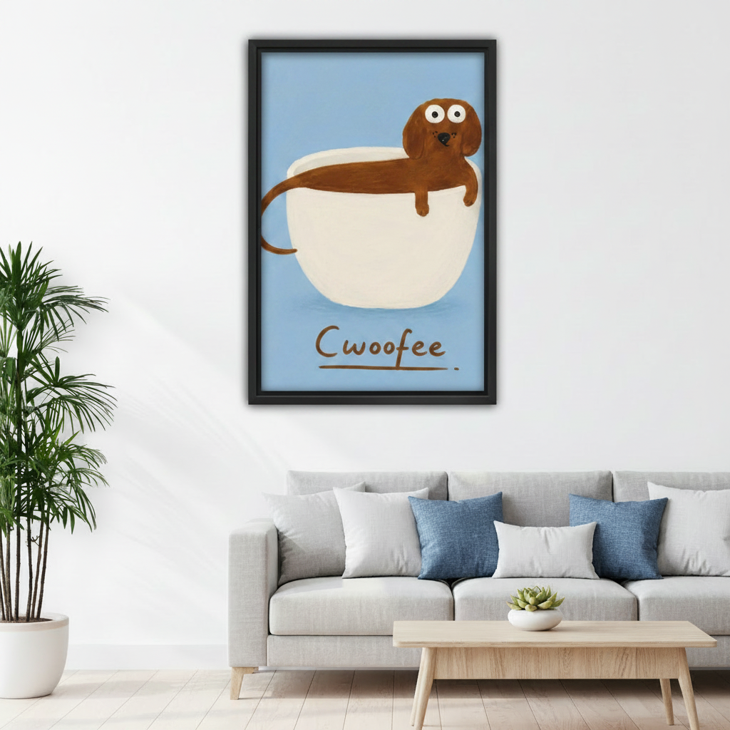 Funny Cwoofee dachshund canvas wall art in black frame above gray sofa in bright modern living room