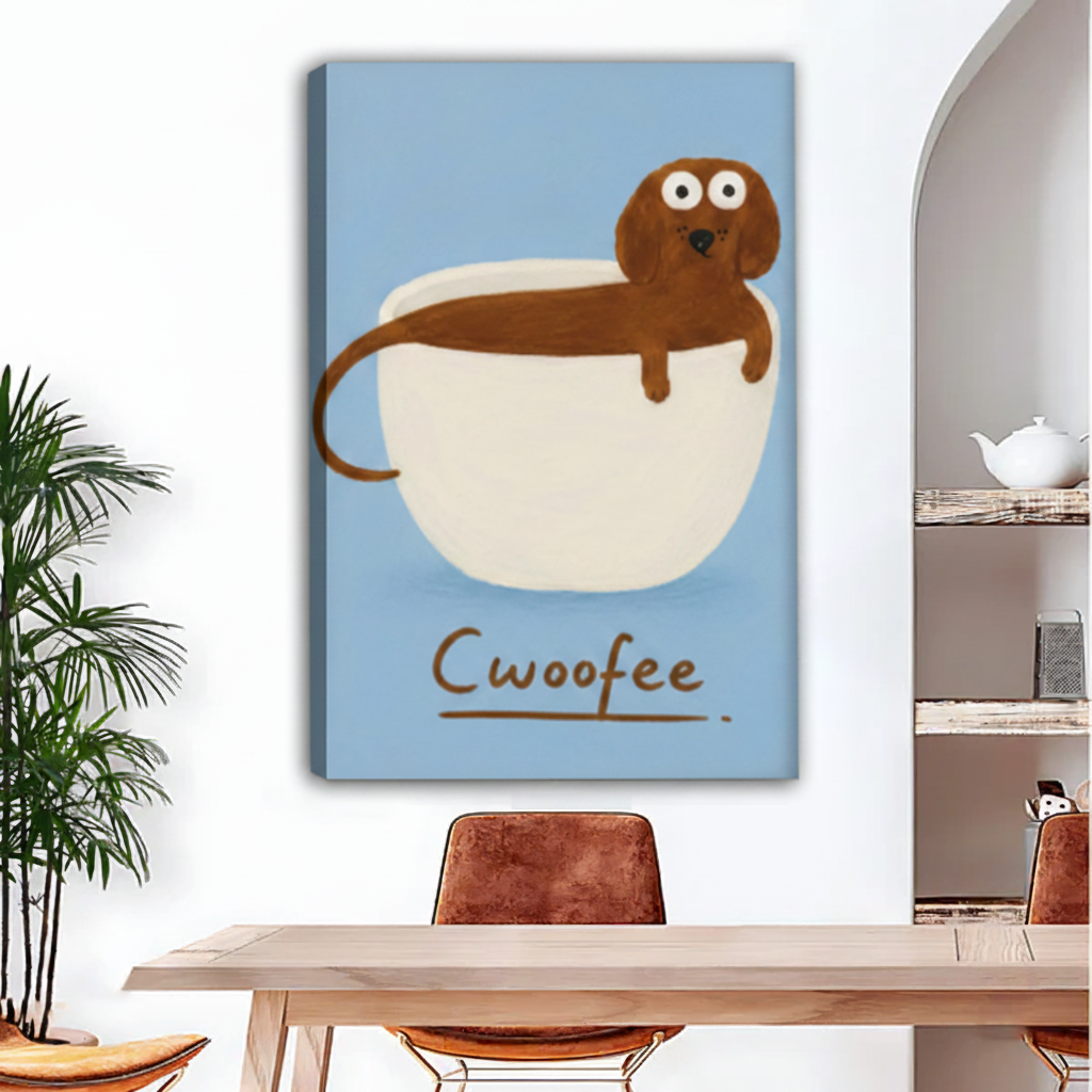 Funny dachshund Cwoofee gallery-wrap canvas wall art displayed above light wood dining table with chairs