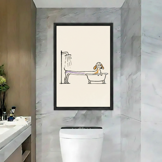 Funny dachshund bath line art canvas wall art in black floating frame displayed in marble bathroom above toilet