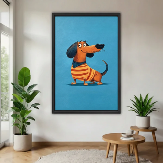 Funny cartoon dachshund dog in orange striped outfit framed wall art mounted on a white wall flanked by two green potted plants in a modern hallway