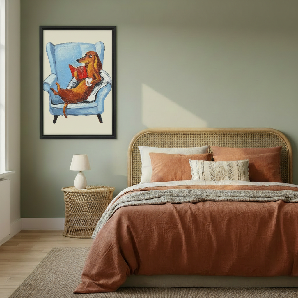 Funny dachshund wall art in boho bedroom with rattan headboard and terracotta bedding