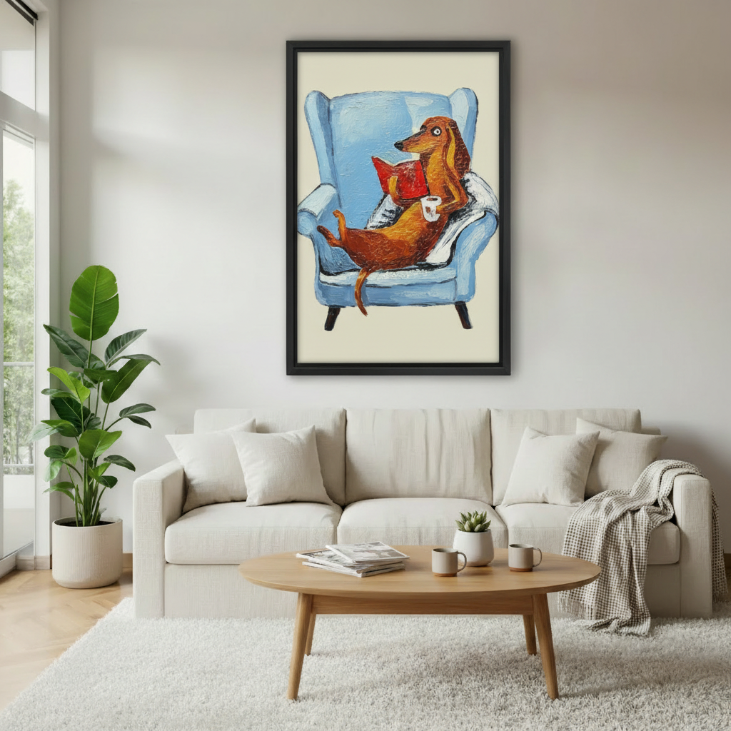Funny dachshund reading canvas wall art above cream sofa in bright Scandinavian living room