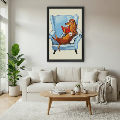Funny dachshund reading canvas wall art above cream sofa in bright Scandinavian living room