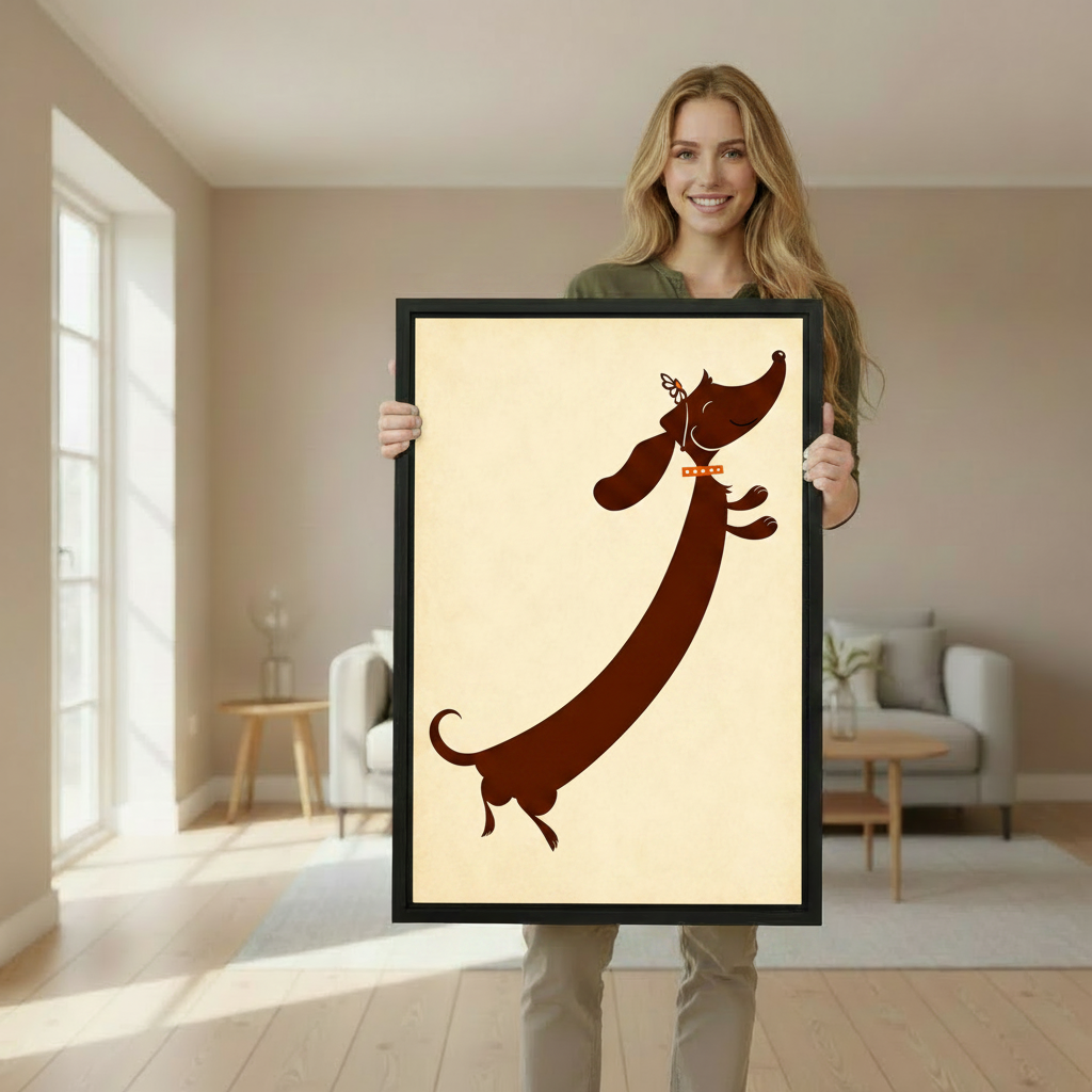 Woman holding large retro dachshund silhouette framed canvas wall art print in bright airy living room