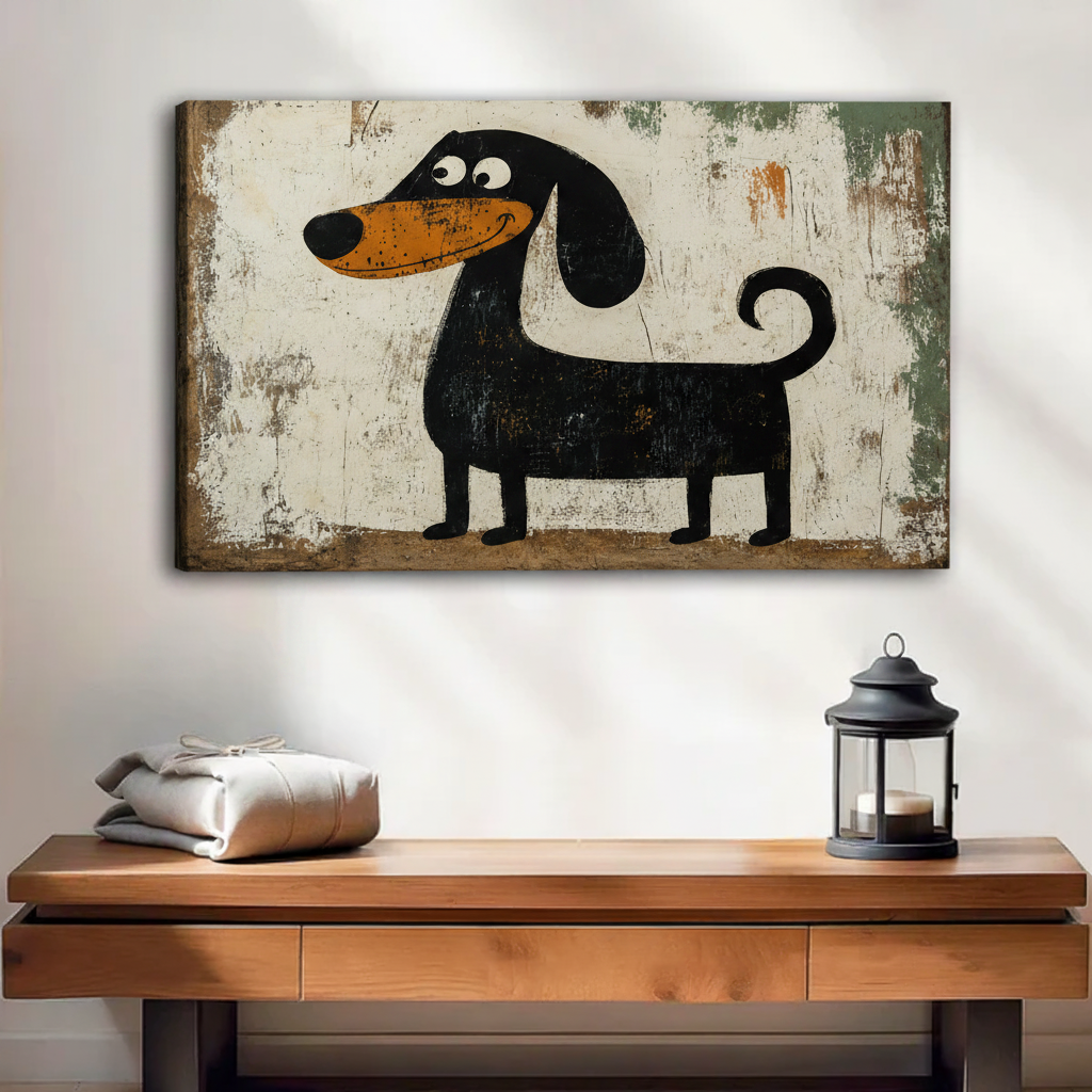  Frameless canvas wrap of cartoon dachshund on aged textured background, rustic gallery wall art for modern home