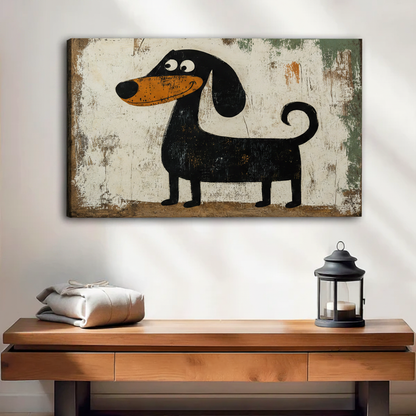  Frameless canvas wrap of cartoon dachshund on aged textured background, rustic gallery wall art for modern home