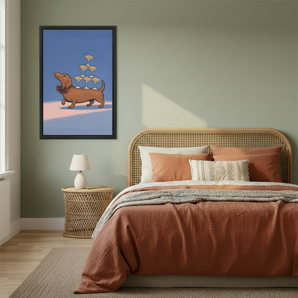 Funny dachshund champagne tower canvas wall art in black frame displayed on sage green wall above a rattan bed in a warm boho bedroom