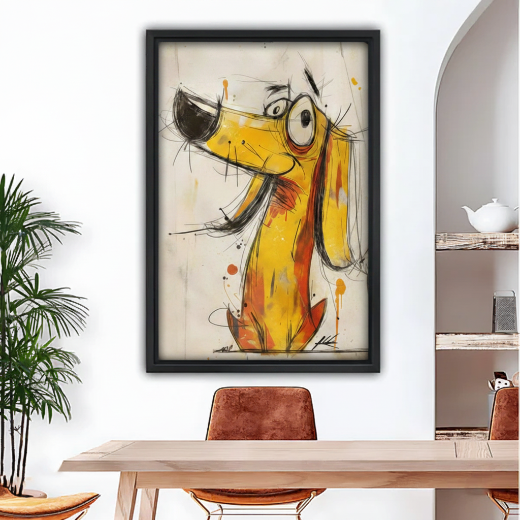 Black framed expressive dachshund canvas art with wild ink sketch lines, bold yellow and amber brushstrokes, and a comically wide-eyed long-snouted dog face with paint drips on a distressed cream background, hung above a wooden dining table with leather chairs