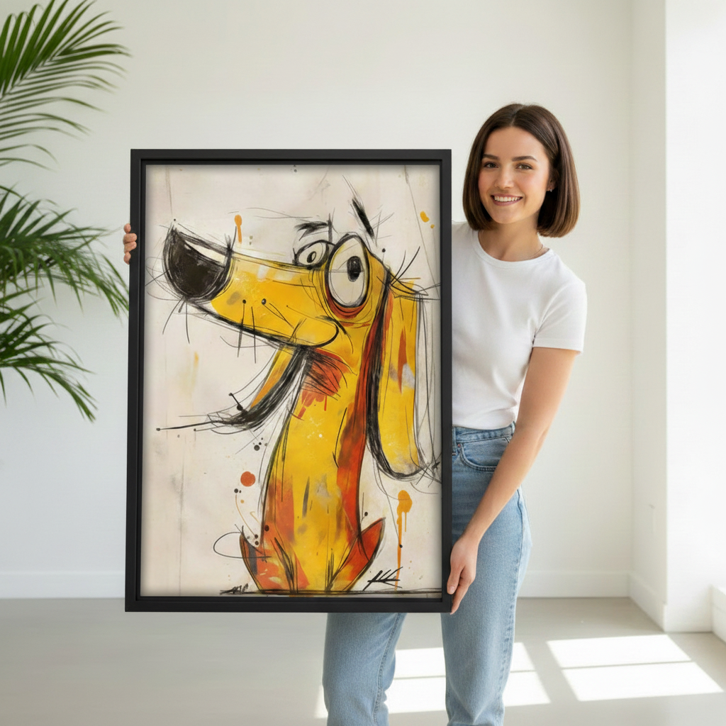 Smiling woman holding a large black-framed canvas art print of a whimsical dachshund with exaggerated googly eyes and a long snout rendered in energetic yellow and orange brushstrokes with loose black ink sketch lines and orange paint splatters on a cream background