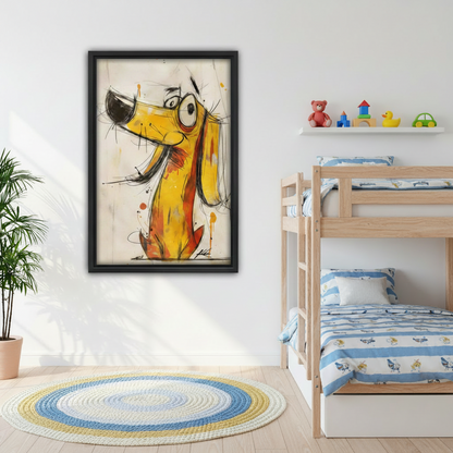 Black framed funny dachshund expressive sketch canvas with googly eyes and bold yellow orange brushstrokes hung in a cheerful kids bedroom beside a wooden bunk bed with blue striped bedding, a colorful round rug, and toy shelf with a teddy bear and rubber duck