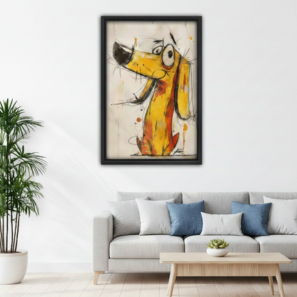 Black framed bold expressive dachshund sketch canvas hung above a light grey linen sofa with blue accent cushions in a bright Scandinavian living room, featuring a wide-eyed yellow and amber sausage dog with wild ink lines and orange paint drips on a cream background