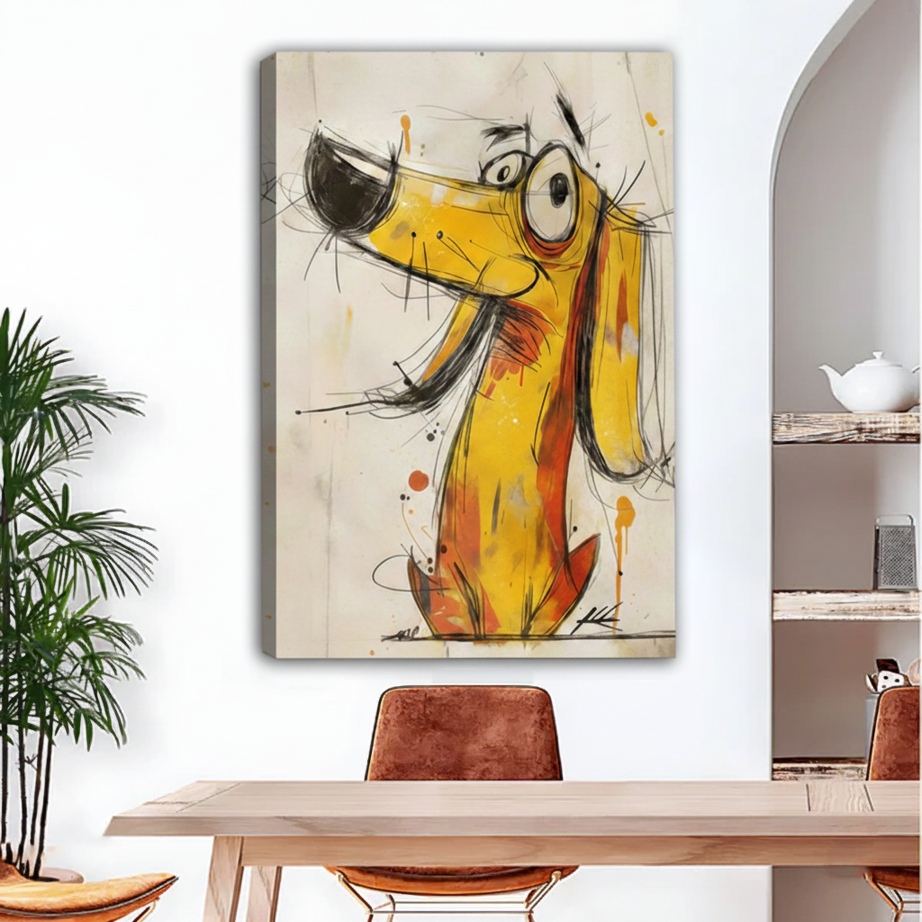 Frameless gallery-wrap canvas of a humorous expressive dachshund with wide googly eyes and a long snout, painted in bold yellow and orange brushstrokes with loose black ink sketch lines and paint splatters on a cream textured background, displayed above a light wood dining table with tan leather chairs