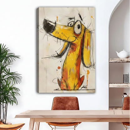 Frameless gallery-wrap canvas of a humorous expressive dachshund with wide googly eyes and a long snout, painted in bold yellow and orange brushstrokes with loose black ink sketch lines and paint splatters on a cream textured background, displayed above a light wood dining table with tan leather chairs