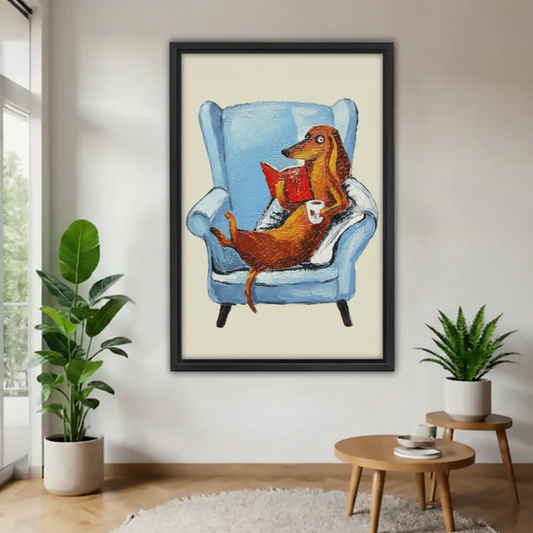 Whimsical dachshund framed canvas hung in modern living room with indoor plants and side table