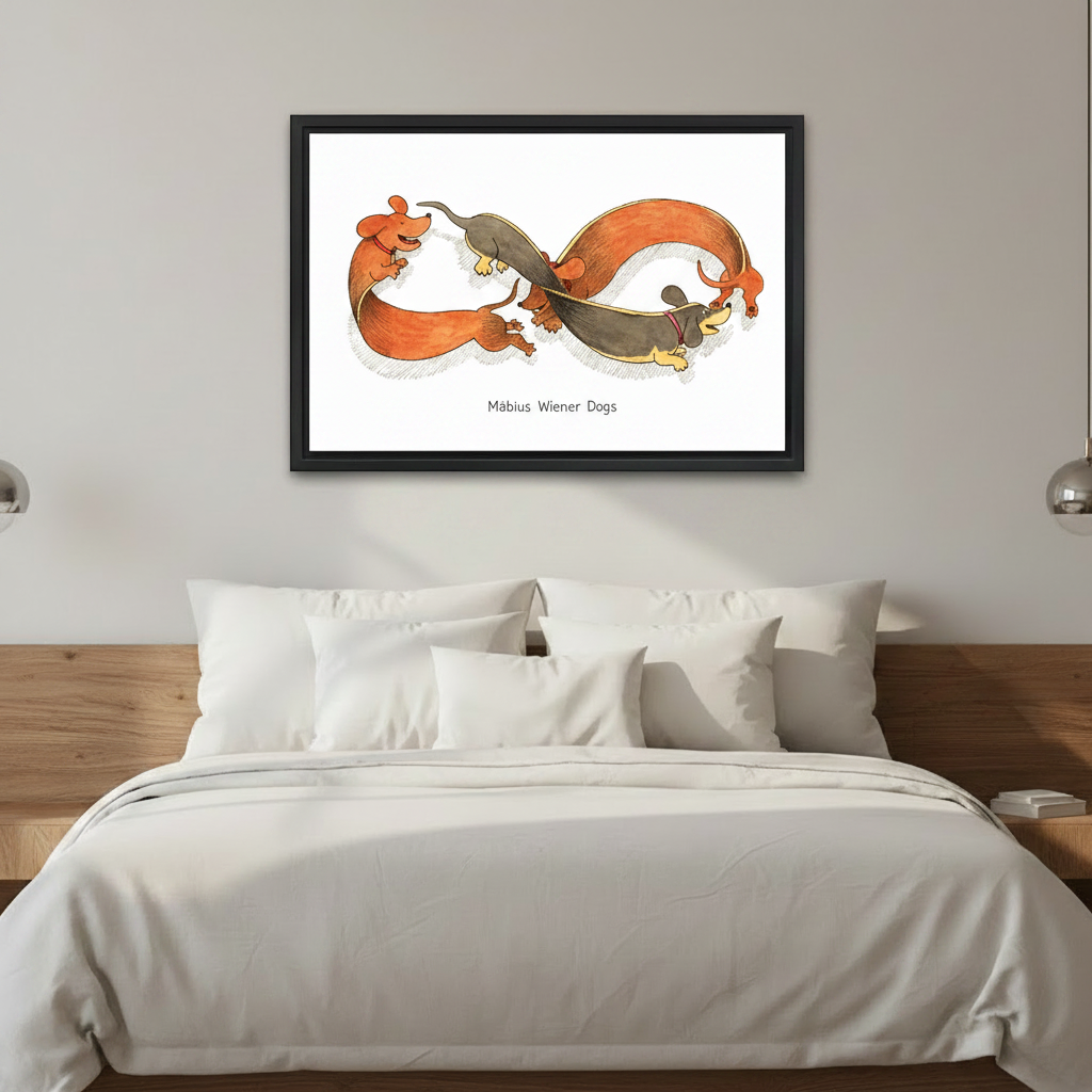 Funny dachshund Möbius loop framed canvas print in bedroom scene, quirky wiener dog wall art with orange and black dogs above bed