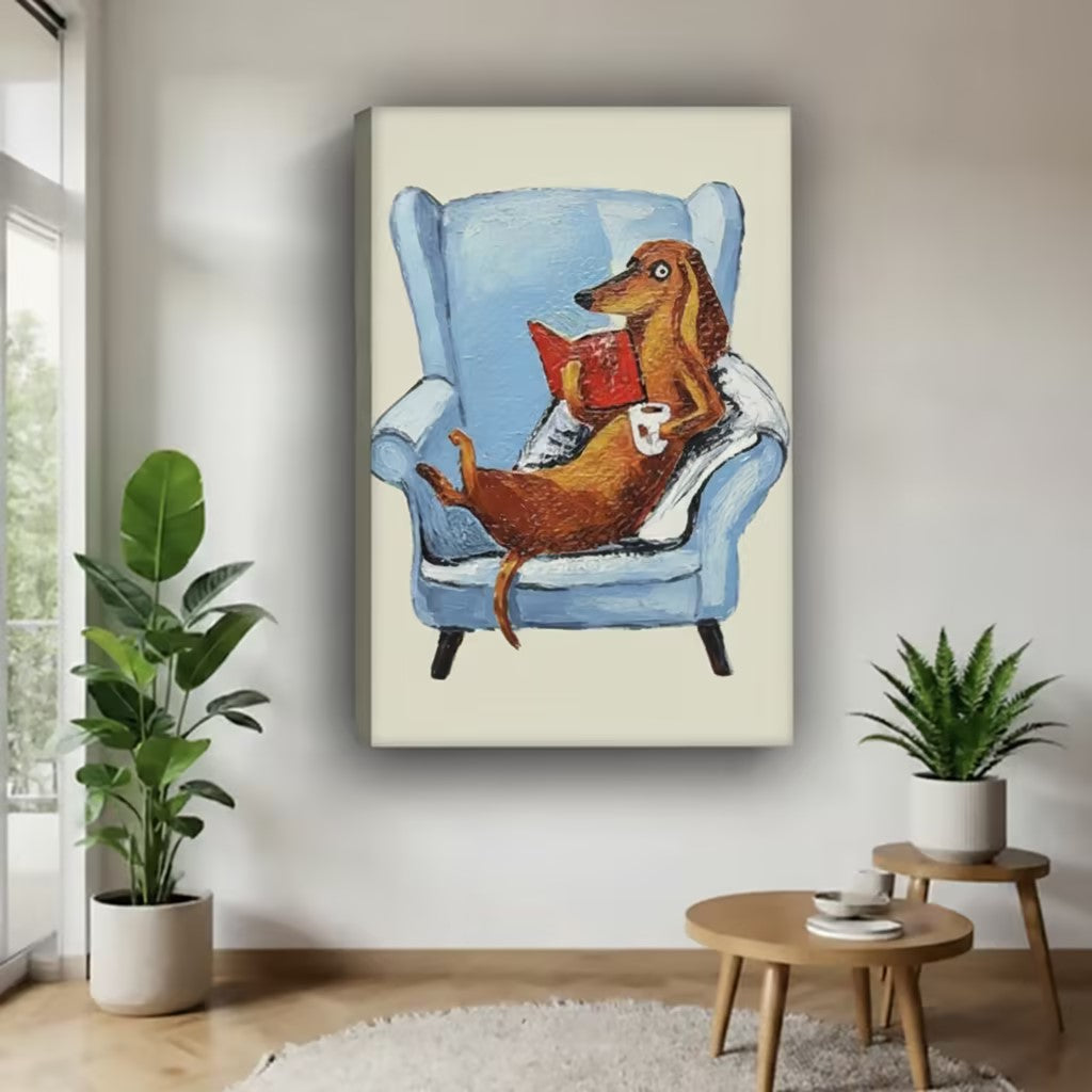 Funny dachshund gallery wrap canvas displayed in minimalist living room with green plants