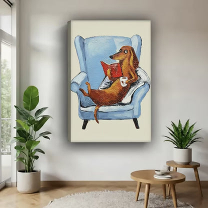 Funny dachshund gallery wrap canvas displayed in minimalist living room with green plants