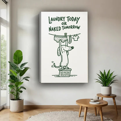Funny dachshund laundry quote canvas art print displayed in a bright living room with green plants