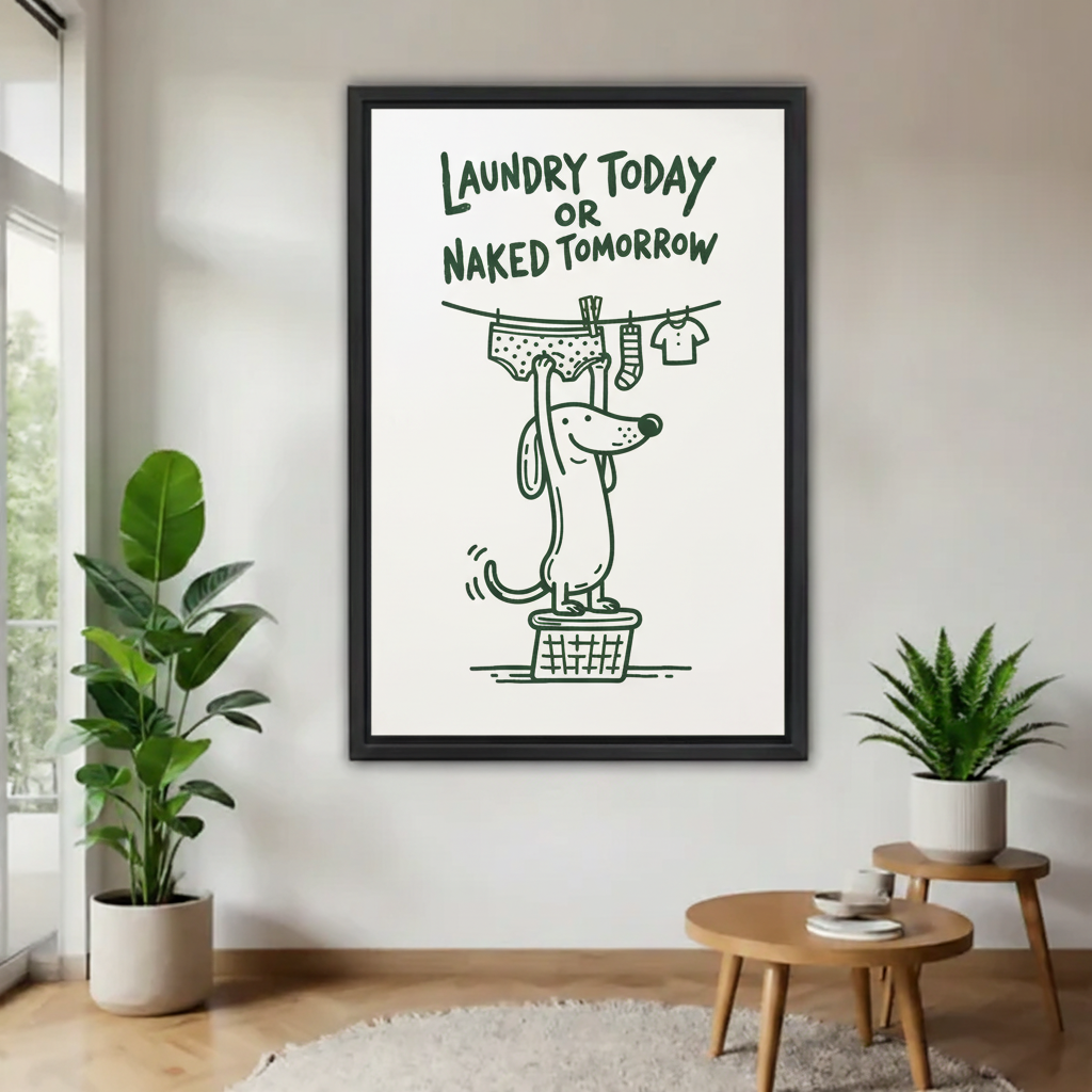 Framed dachshund wall art with Laundry Today or Naked Tomorrow quote hanging in a modern living room